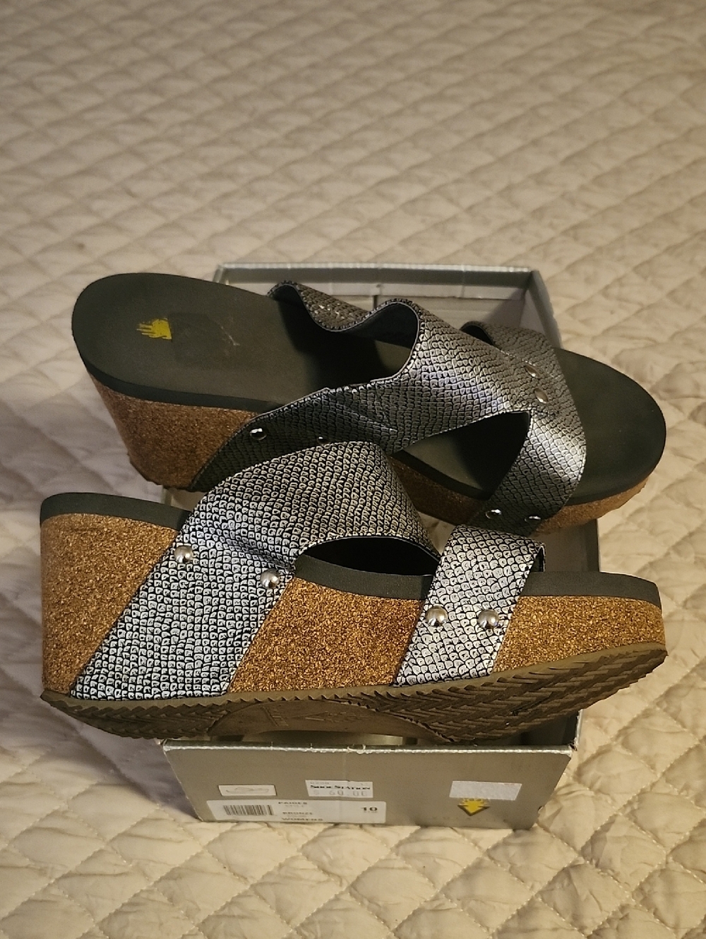 Volatile Metallic Silver Crisscross Cork Wedge Sandals